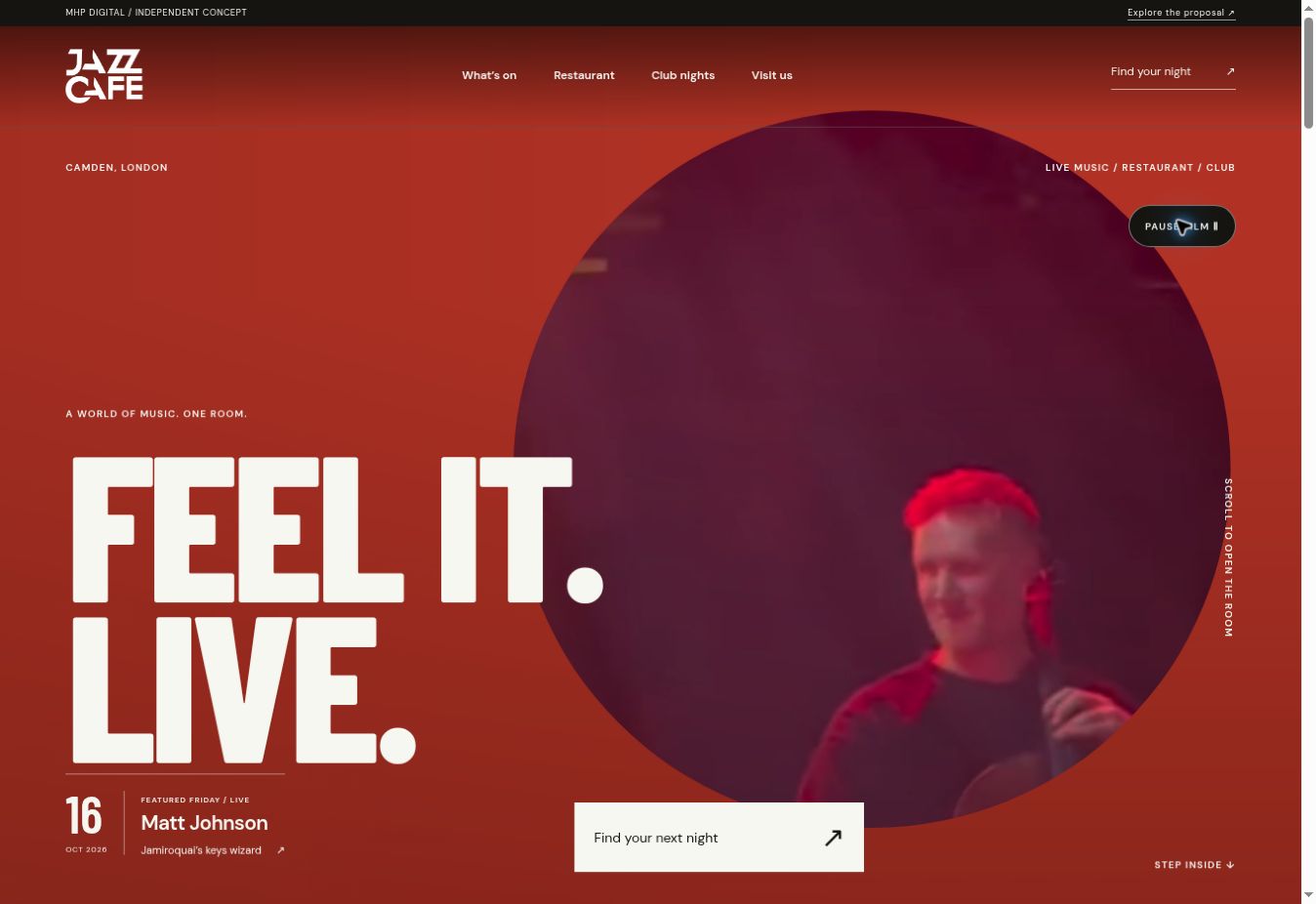 Working redesign with the current venue video hero, captured 16 October 2026